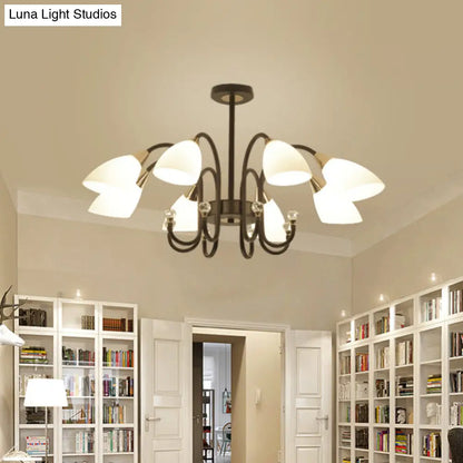 Lámpara de araña rústica de hierro negro con pantallas de cristal esmerilado - Lámpara de techo colgante con brazo curvo - 6/8/10 cabezales