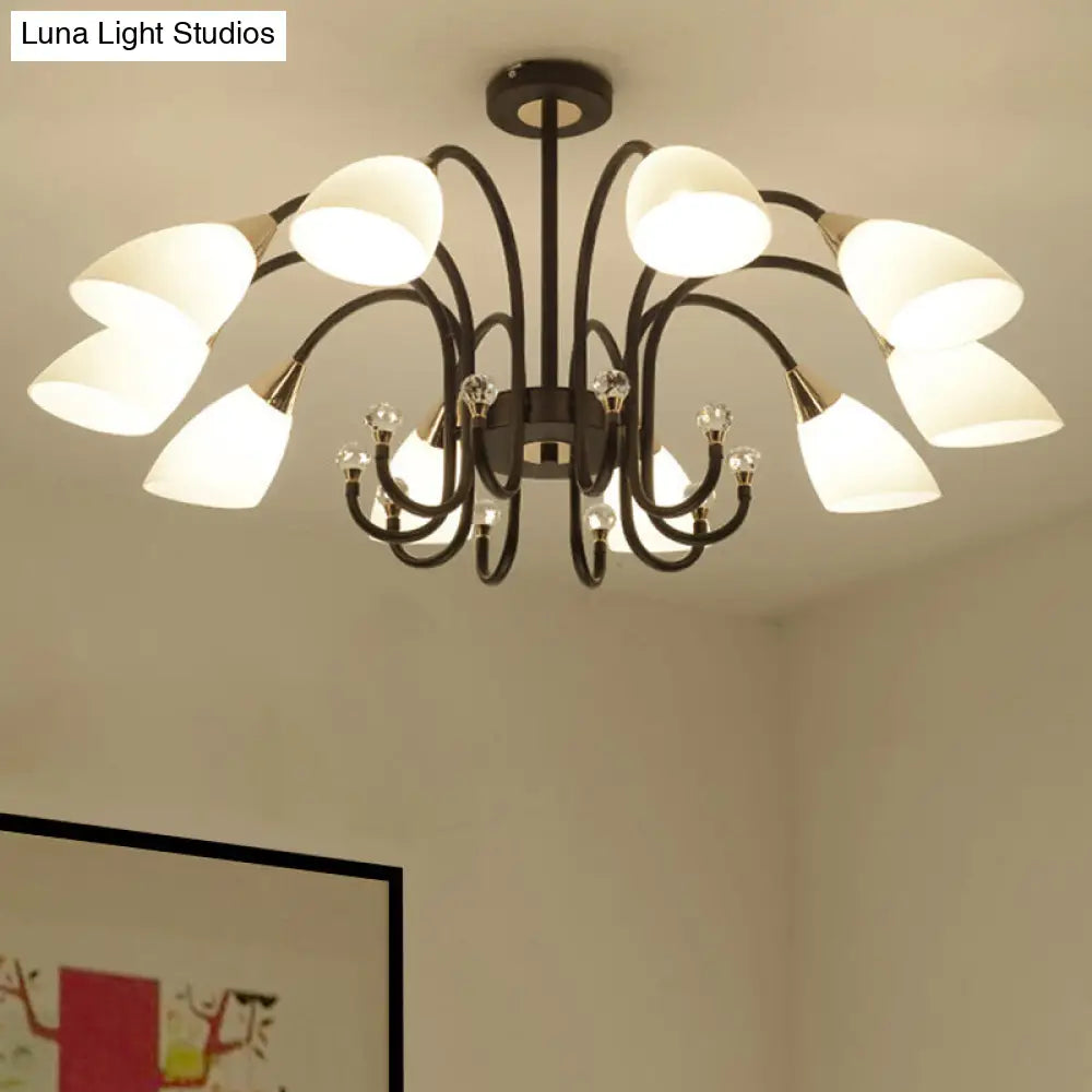 Lámpara de araña rústica de hierro negro con pantallas de cristal esmerilado - Lámpara de techo colgante con brazo curvo - 6/8/10 cabezales