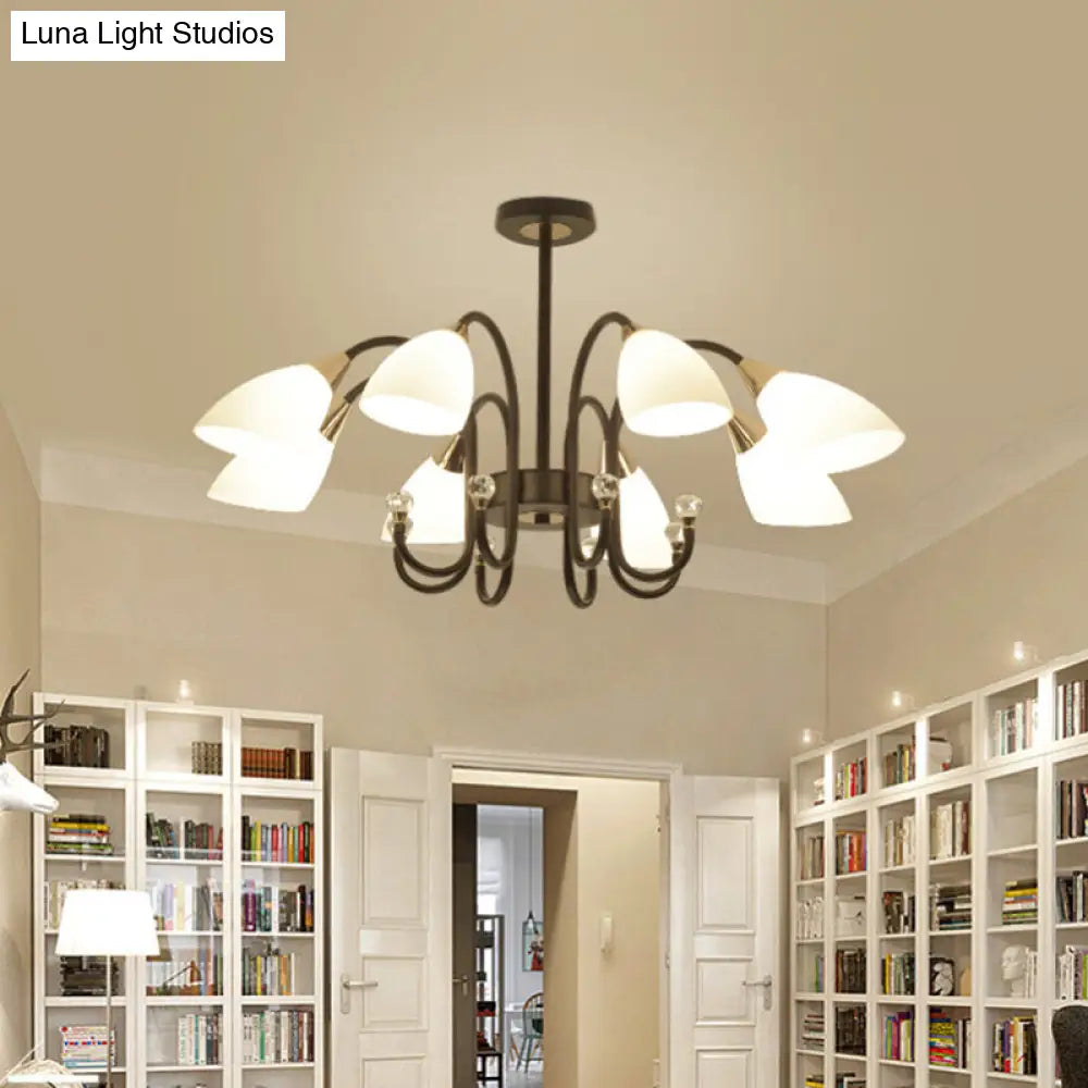 Lámpara de araña rústica de hierro negro con pantallas de cristal esmerilado - Lámpara de techo colgante con brazo curvo - 6/8/10 cabezales