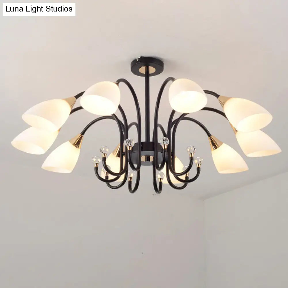 Lámpara de araña rústica de hierro negro con pantallas de cristal esmerilado - Lámpara de techo colgante con brazo curvo - 6/8/10 cabezales