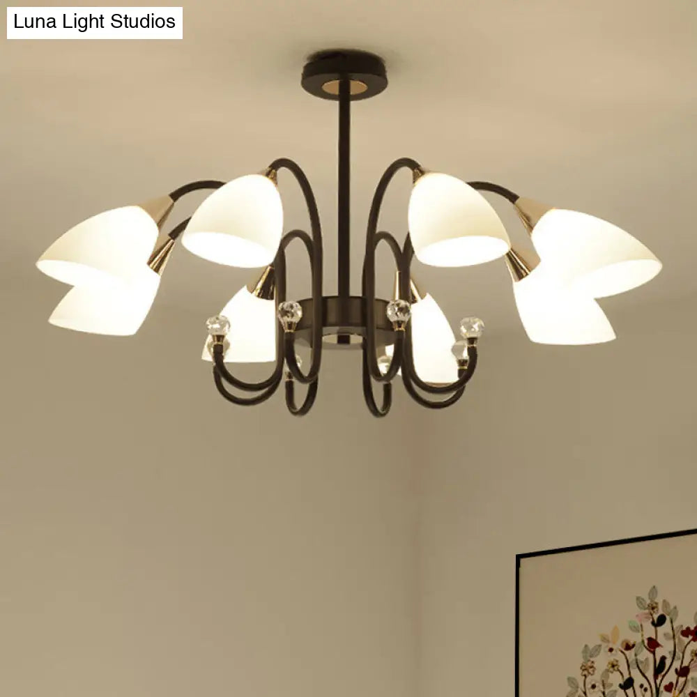 Lámpara de araña rústica de hierro negro con pantallas de cristal esmerilado - Lámpara de techo colgante con brazo curvo - 6/8/10 cabezales