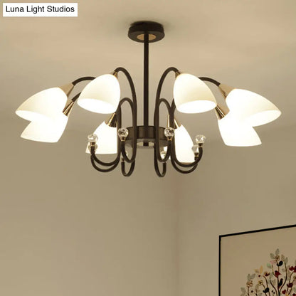 Lámpara de araña rústica de hierro negro con pantallas de cristal esmerilado - Lámpara de techo colgante con brazo curvo - 6/8/10 cabezales