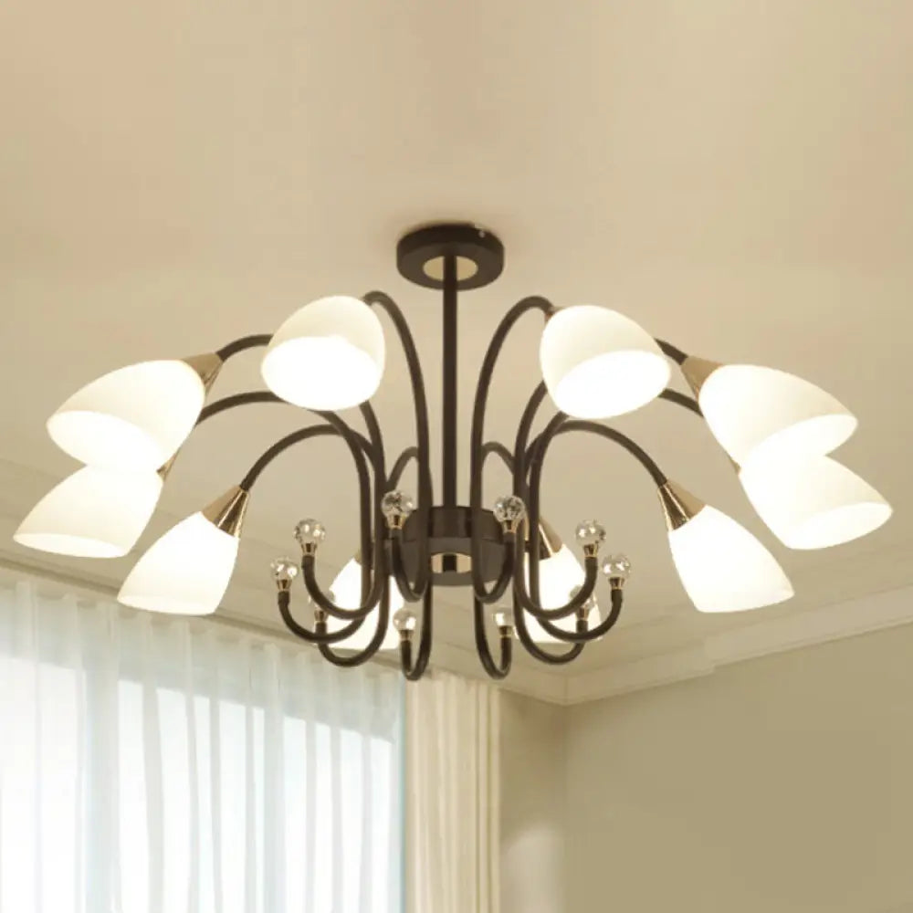 Lámpara de araña rústica de hierro negro con pantallas de cristal esmerilado - Lámpara de techo colgante con brazo curvo - 6/8/10 cabezales