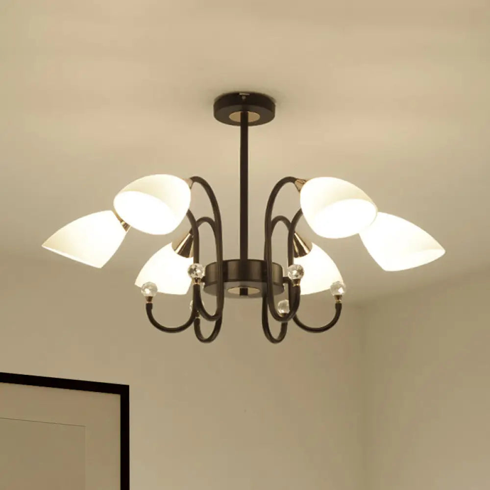 Lámpara de araña rústica de hierro negro con pantallas de cristal esmerilado - Lámpara de techo colgante con brazo curvo - 6/8/10 cabezales