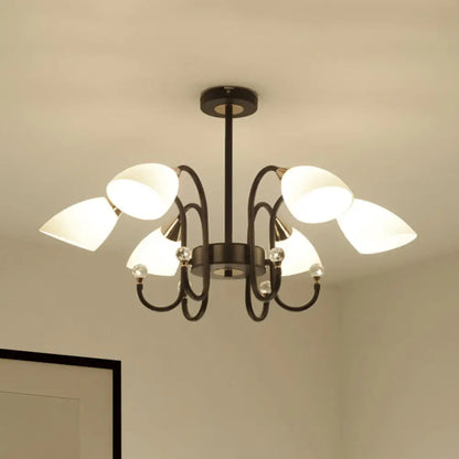Lámpara de araña rústica de hierro negro con pantallas de cristal esmerilado - Lámpara de techo colgante con brazo curvo - 6/8/10 cabezales