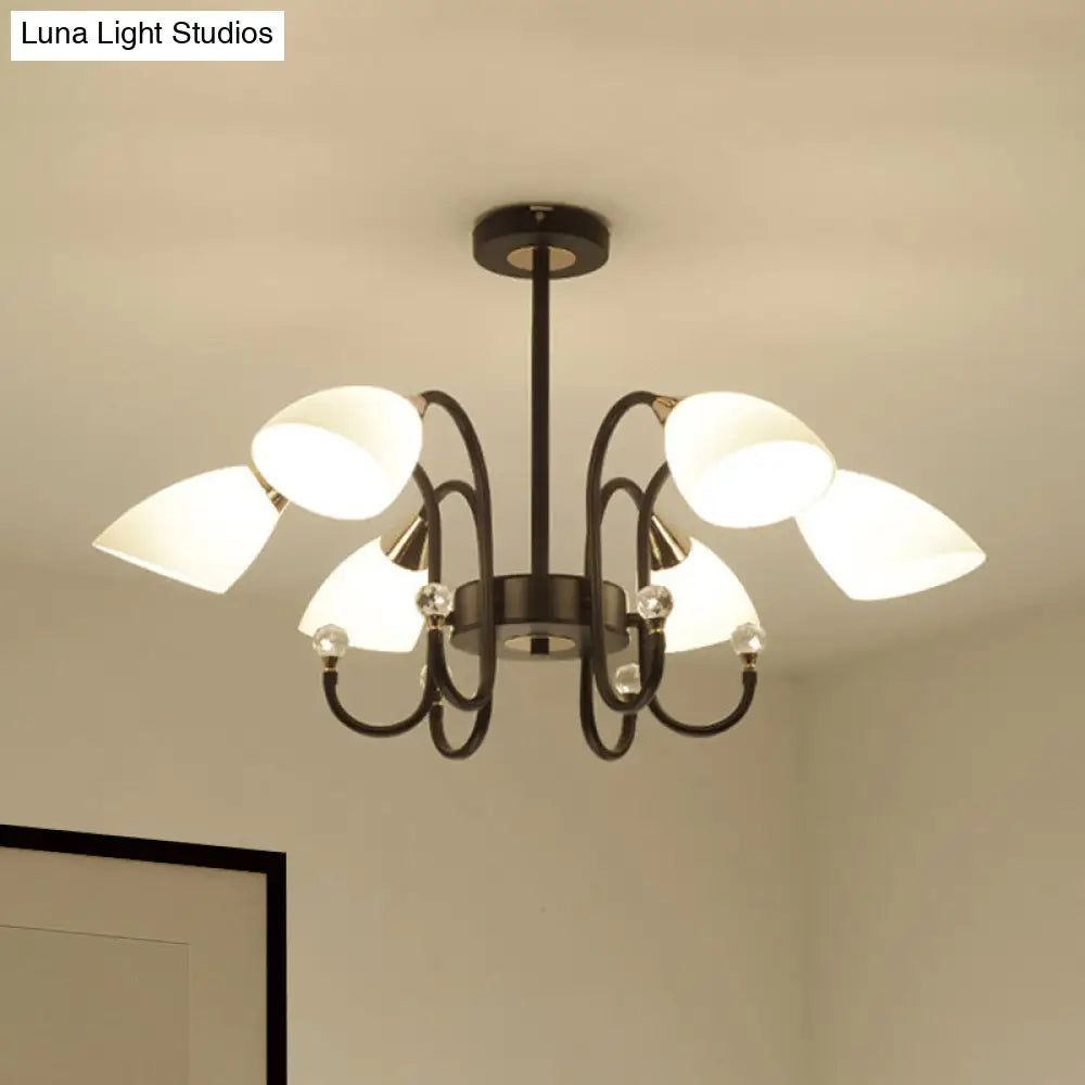 Lámpara de araña rústica de hierro negro con pantallas de cristal esmerilado - Lámpara de techo colgante con brazo curvo - 6/8/10 cabezales