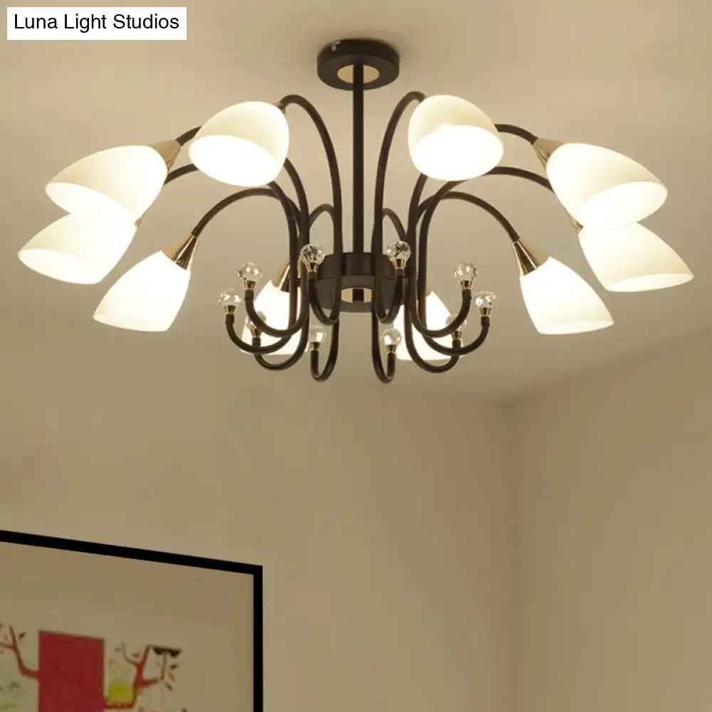 Lámpara de araña rústica de hierro negro con pantallas de cristal esmerilado - Lámpara de techo colgante con brazo curvo - 6/8/10 cabezales