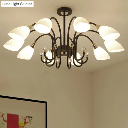 Lámpara de araña rústica de hierro negro con pantallas de cristal esmerilado - Lámpara de techo colgante con brazo curvo - 6/8/10 cabezales