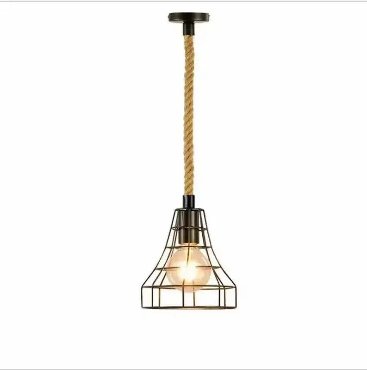 Rustic black iron pendant light with industrial black metal cage and hemp rope for dining room lighting fixture