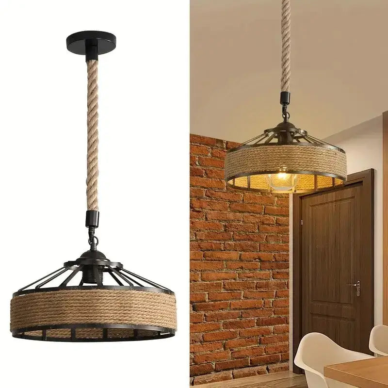 Rustic black iron pendant light with rope-inspired detailing and woven natural fiber shade works beautifully in kitchens
