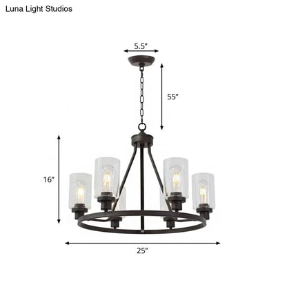 Rustic Black Iron Wagon Wheel Chandelier Pendant with 6 Lights and Clear Glass Cylinder Shade