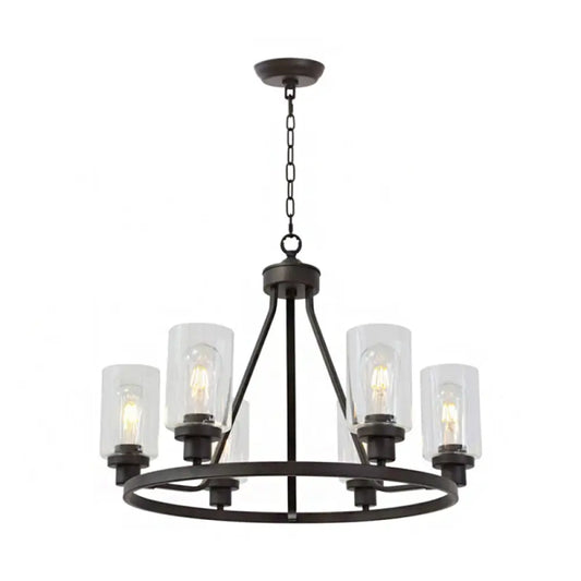 Rustic Black Iron Wagon Wheel Chandelier Pendant with 6 Lights and Clear Glass Cylinder Shade