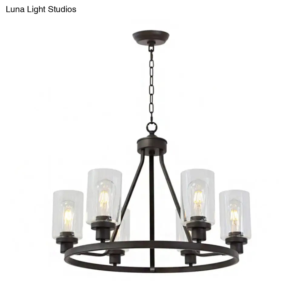 Rustic Black Iron Wagon Wheel Chandelier Pendant with 6 Lights and Clear Glass Cylinder Shade