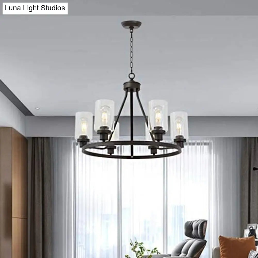 Rustic Black Iron Wagon Wheel Chandelier Pendant with 6 Lights and Clear Glass Cylinder Shade