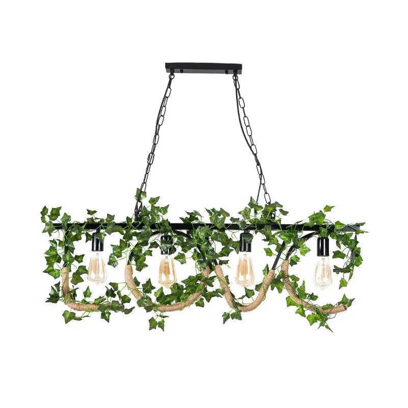 DecorBites black metal 4-light linear island lamp with artificial ivy and twine wrap featuring Edison bulbs