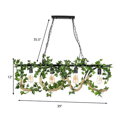 Decorbites black metal 4-light linear island lamp with exposed bulbs wrapped in artificial ivy and natural rope accents