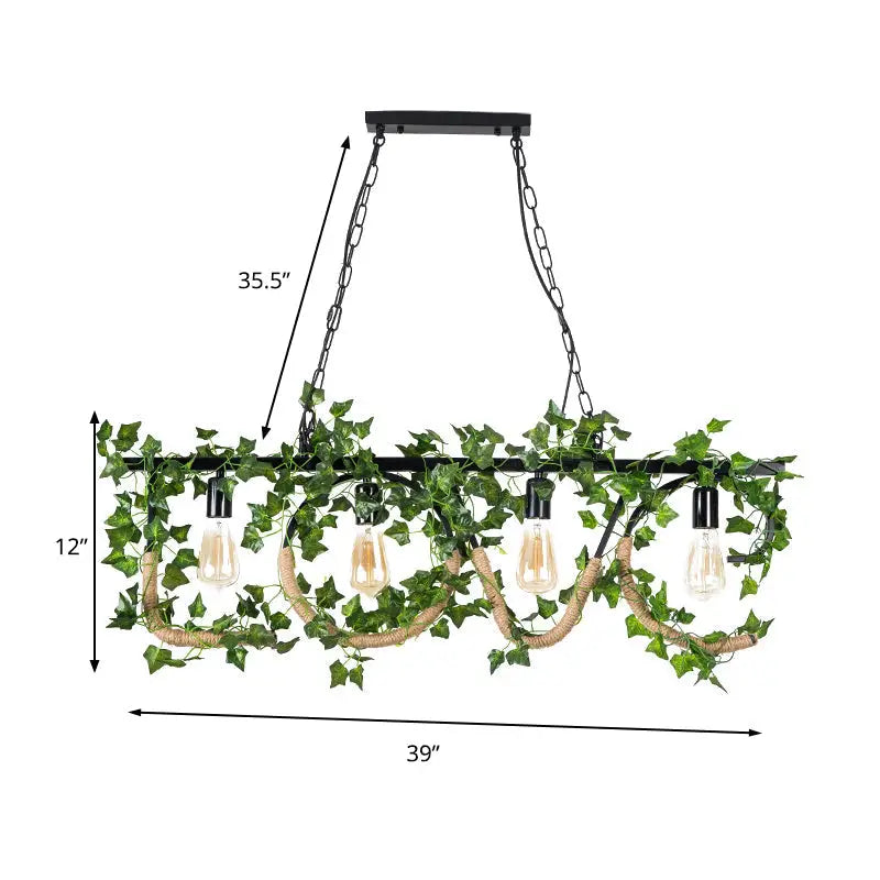 Decorbites black metal 4-light linear island lamp with exposed bulbs wrapped in artificial ivy and natural rope accents