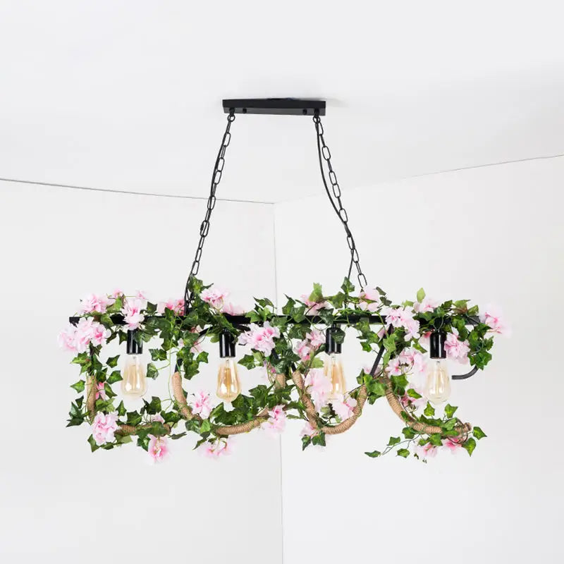 Decorbites black metal 4-light linear island lamp with pink artificial flowers and green vines for lodge style decor