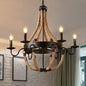 Rustic Black Metal Candelabra Pendant Chandelier - 6-Light Rope Hanging Ceiling Light with Industrial Circle Design