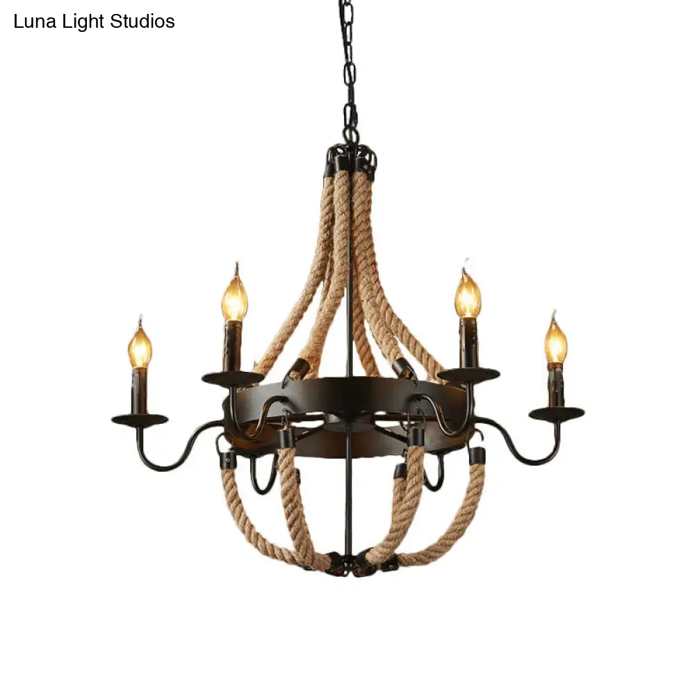 Rustic Black Metal Candelabra Pendant Chandelier - 6-Light Rope Hanging Ceiling Light with Industrial Circle Design