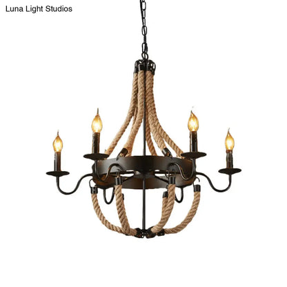 Rustic Black Metal Candelabra Pendant Chandelier - 6-Light Rope Hanging Ceiling Light with Industrial Circle Design