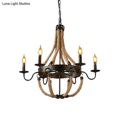 Rustic Black Metal Candelabra Pendant Chandelier - 6-Light Rope Hanging Ceiling Light with Industrial Circle Design