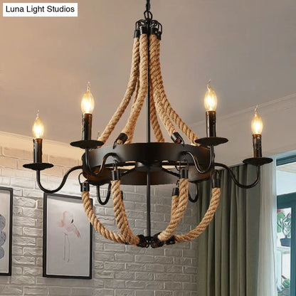 Rustic Black Metal Candelabra Pendant Chandelier - 6-Light Rope Hanging Ceiling Light with Industrial Circle Design