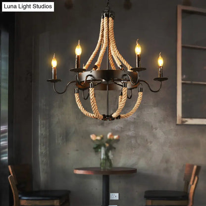 Rustic Black Metal Candelabra Pendant Chandelier - 6-Light Rope Hanging Ceiling Light with Industrial Circle Design