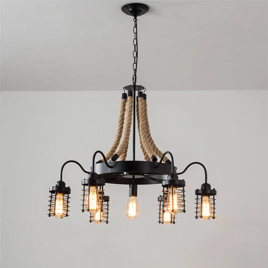 Rustic Black Metal Chandelier with 7/9 Cylinder Cage Heads and Rope Suspension