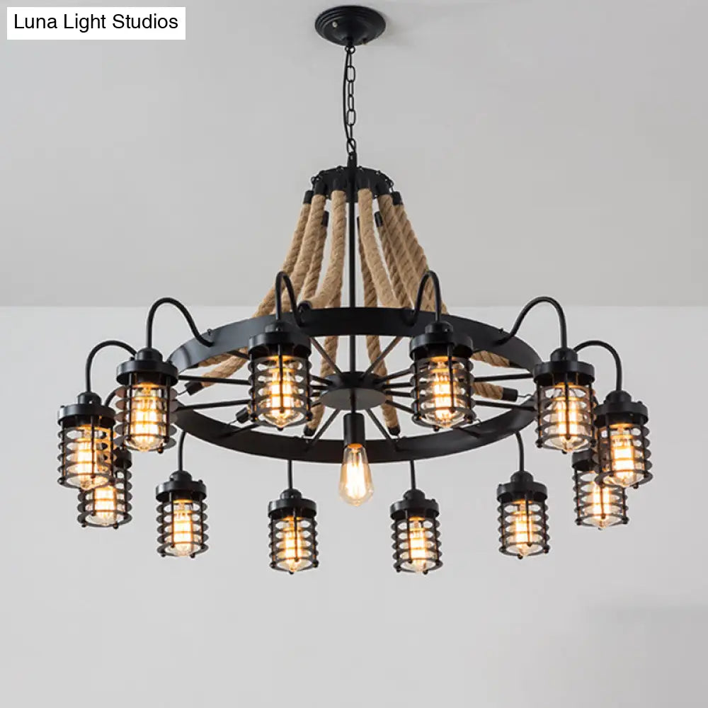 Rustic Black Metal Chandelier with 7/9 Cylinder Cage Heads and Rope Suspension