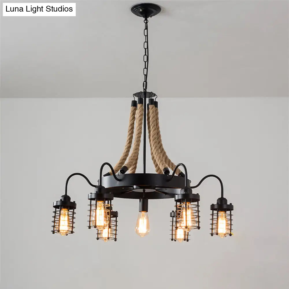 Rustic Black Metal Chandelier with 7/9 Cylinder Cage Heads and Rope Suspension