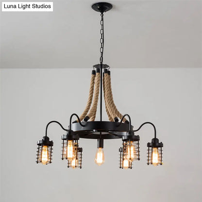 Rustic Black Metal Chandelier with 7/9 Cylinder Cage Heads and Rope Suspension