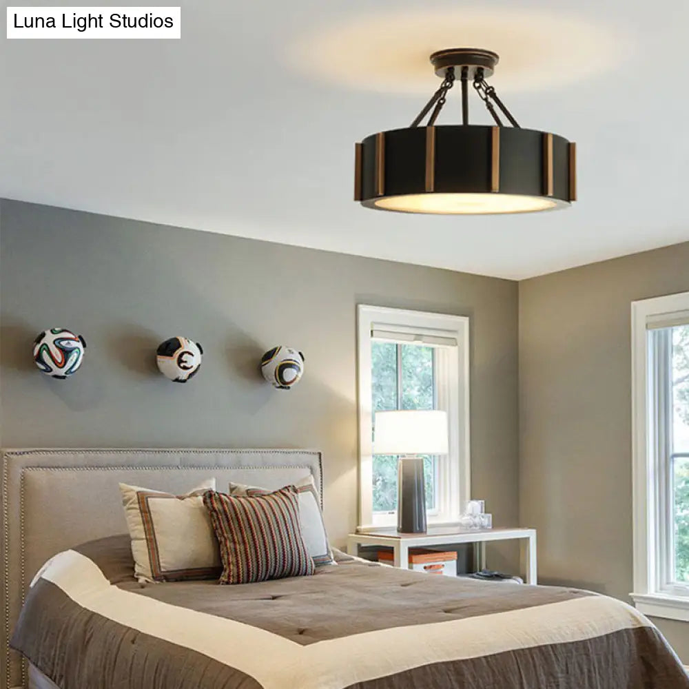 DecorBites™ DecorBites™ Rustic Black Metallic LED Semi Flush Drum Light Fixture with Warm Glow, Close to Ceiling