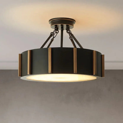 DecorBites™ DecorBites™ Rustic Black Metallic LED Semi Flush Drum Light Fixture with Warm Glow, Close to Ceiling