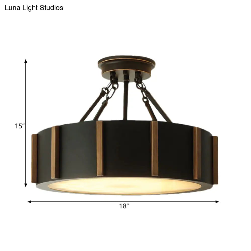 DecorBites™ DecorBites™ Rustic Black Metallic LED Semi Flush Drum Light Fixture with Warm Glow, Close to Ceiling