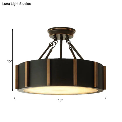 DecorBites™ DecorBites™ Rustic Black Metallic LED Semi Flush Drum Light Fixture with Warm Glow, Close to Ceiling