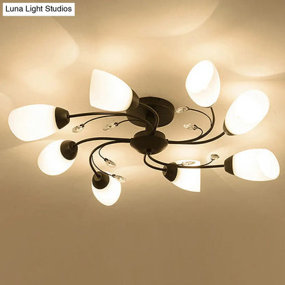 Rustic Black Opal Glass Semi Flush Ceiling Light Fixture with Floral Swirl Design - Ideal for Living Room