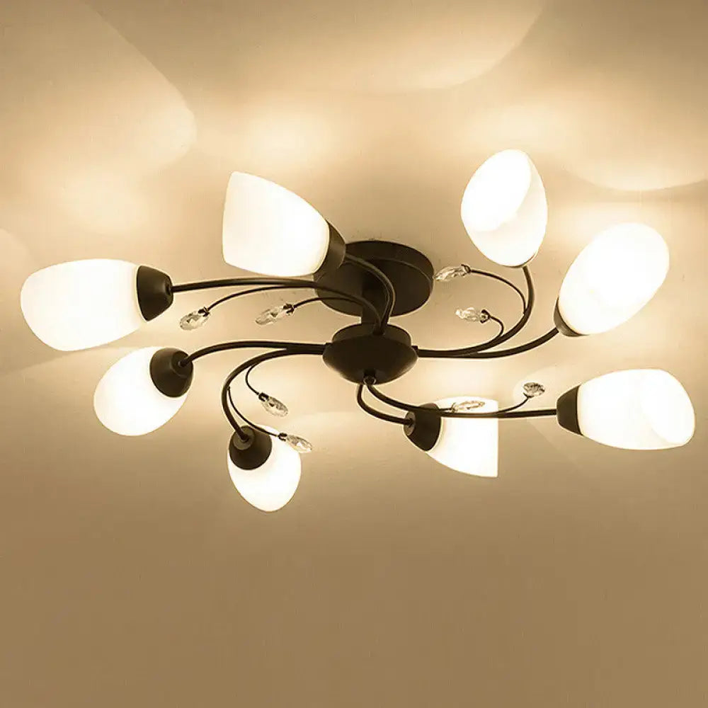 Black metal semi flush ceiling light fixture with eight frosted glass shades and crystal accents rustic black opal design
