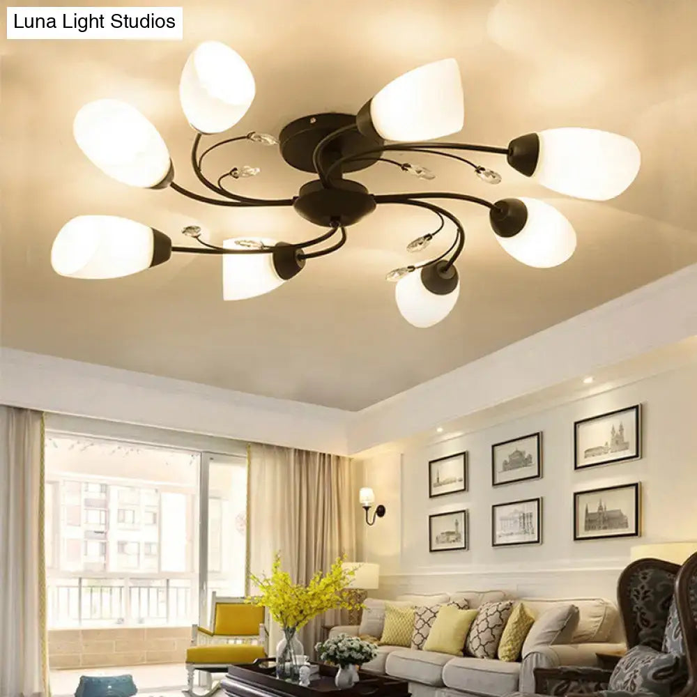 DecorBites™ rustic black opal semi flush ceiling light fixture with eight frosted glass shades and crystal accents