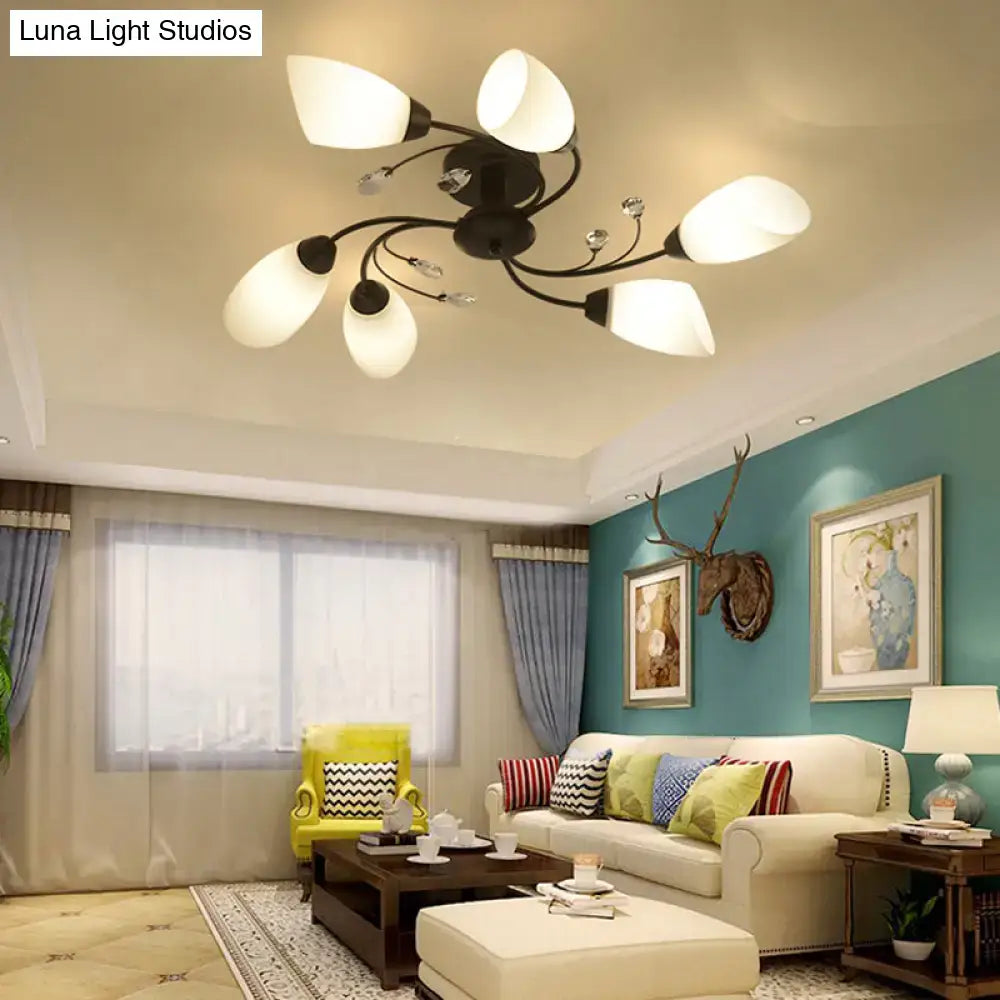 Decorbites™ rustic black opal semi flush ceiling light fixture with six frosted glass shades and crystal accents for living room