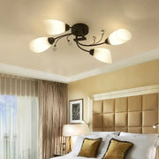 DecorBites™ rustic black opal semi flush ceiling light fixture with five frosted glass shades and crystal accents