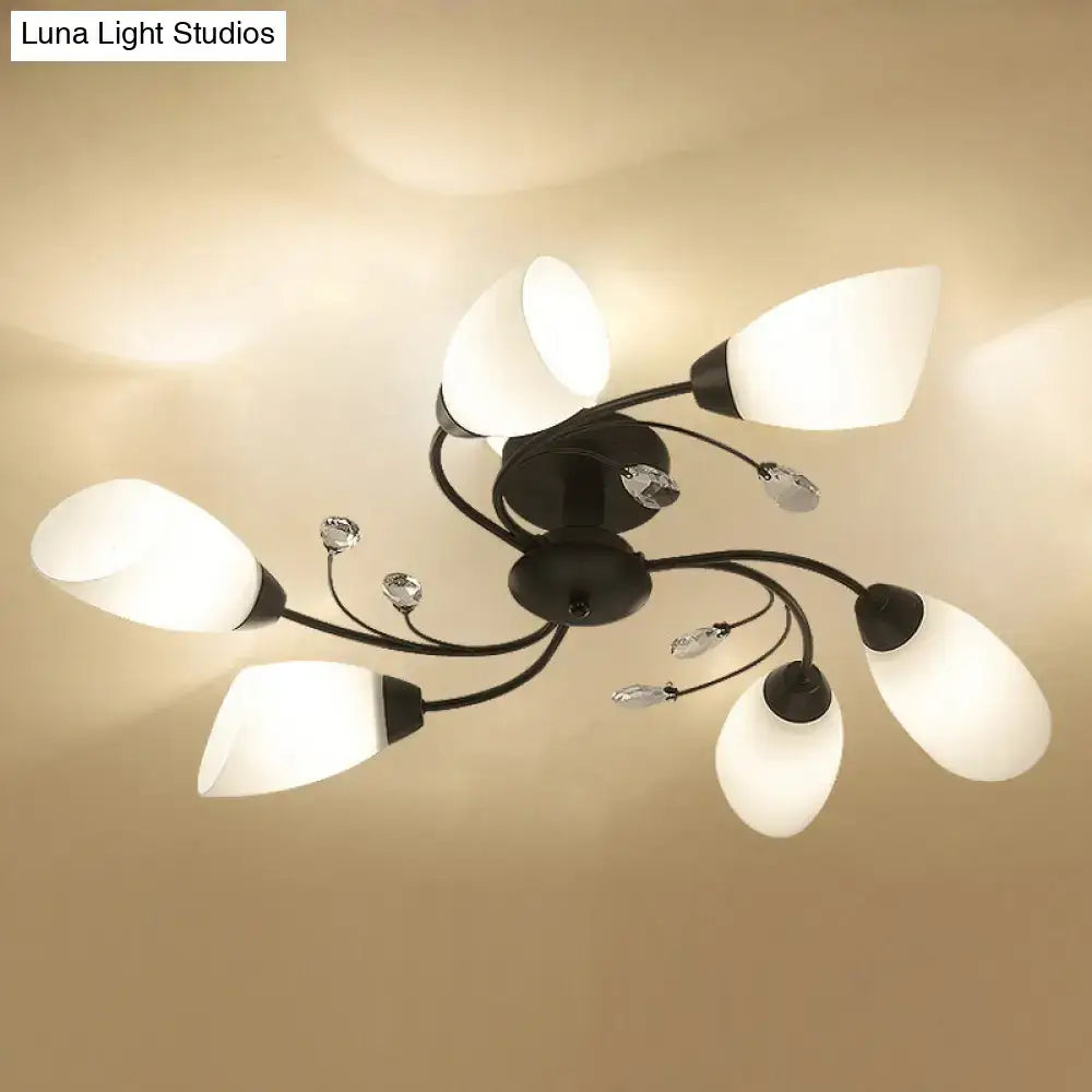 Decorbites rustic black opal semi flush ceiling light fixture with six frosted glass shades and crystal accents