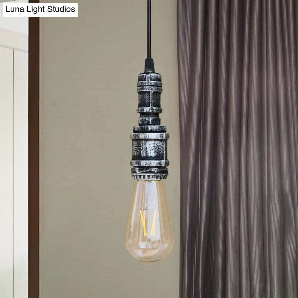 Rustic Black/Silver Wrought Iron Bare Bulb Hanging Light Fixture with Pipe - Bathroom Ceiling Lighting