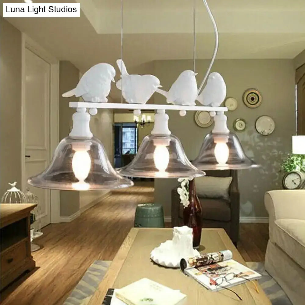DecorBites™ rustic black island pendant lamp with white ceramic bird and clear glass shades for kitchen lighting