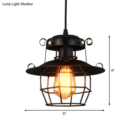 Rustic Black Wire Cage Pendant - 1-Bulb Ceiling Hanging Lantern for Dining Room Down Lighting