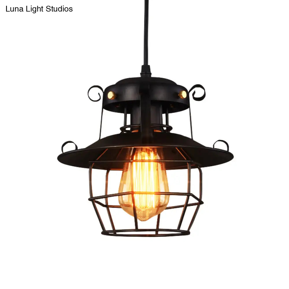 Rustic Black Wire Cage Pendant - 1-Bulb Ceiling Hanging Lantern for Dining Room Down Lighting