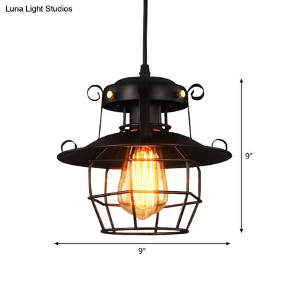 Rustic Black Wire Cage Pendant - 1-Bulb Ceiling Hanging Lantern for Dining Room Down Lighting