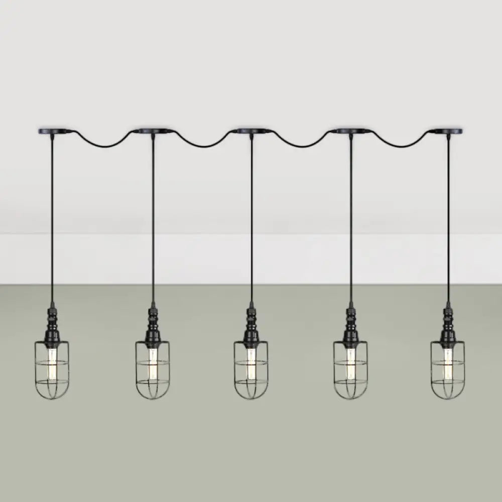 Rustic Black Wire Cage Pendant Lamp - Tandem Multi Ceiling Light Fixture with Iron Heads for Restaurants