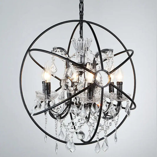 Black wrought iron chandelier pendant with clear crystal deco droplets and candle-style bulbs for restaurant decor
