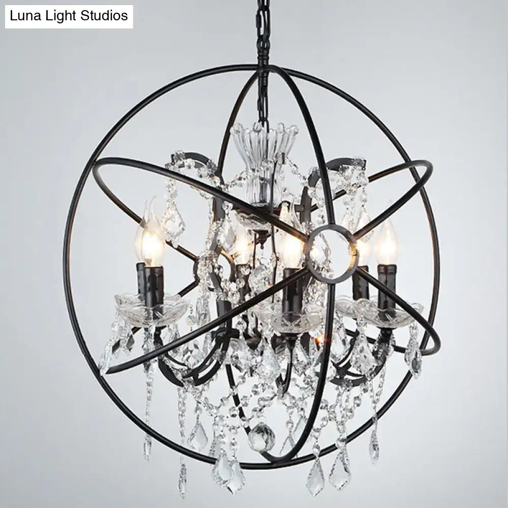 DecorBites™ rustic black wrought iron chandelier pendant with crystal deco and candle-style bulbs for restaurants